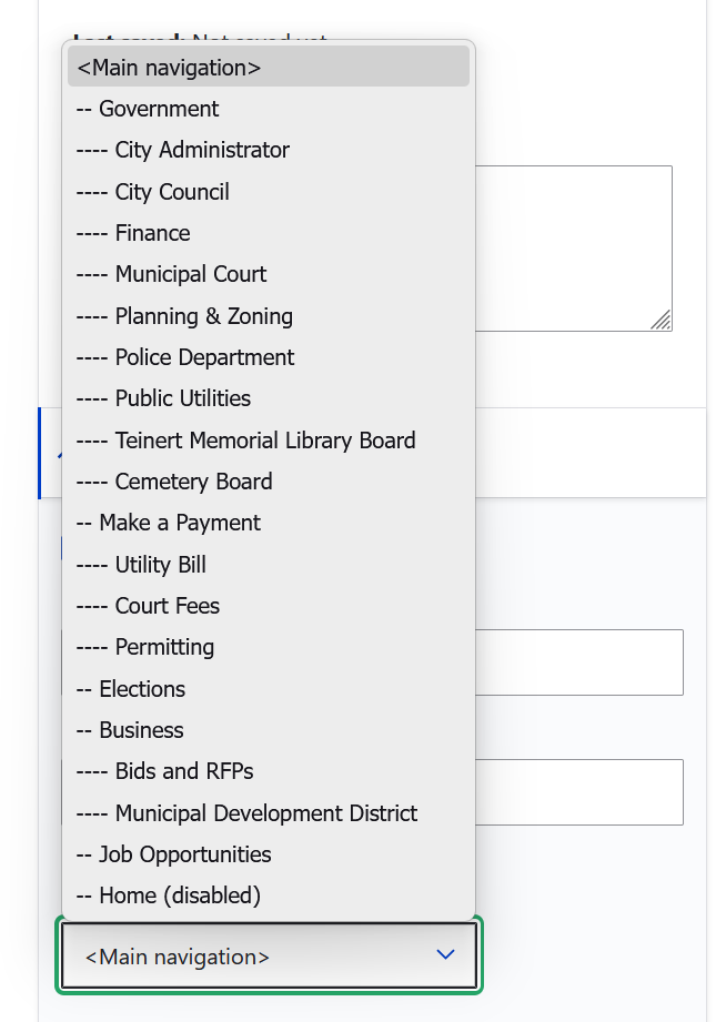 Menu settings with all the navigation showing
