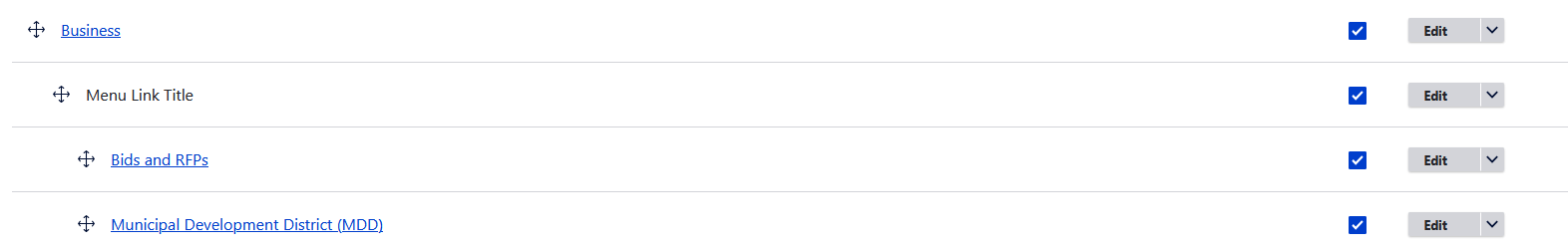 Menu Link Title is the child of business and parent of bids and rfps and mdd